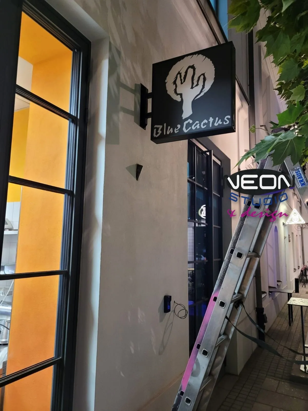 Projecting (semaphore) lightbox for Blue Cactus — legible from both directions